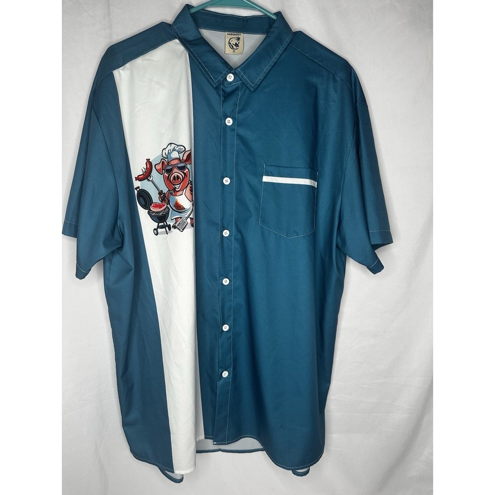 Hardaddy Mens Teal Blue BBQ Pig Chef Graphic Bowling Shirt Short Sleeve XL - Picture 2 of 11